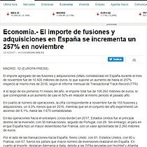 El importe de fusiones y adquisiciones en Espaa se incrementa un 257% en noviembre